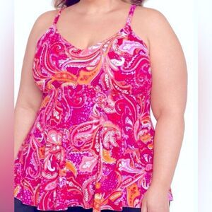 🛍️Swim Solution Plus Size Printed V- Neck Tankini Swimwear Fuschia pink Top 18W